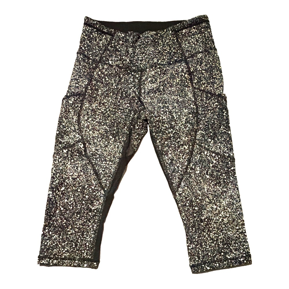 lululemon athletica Capri Leggings Black/White Spotted Stretch Pockets Logo 6